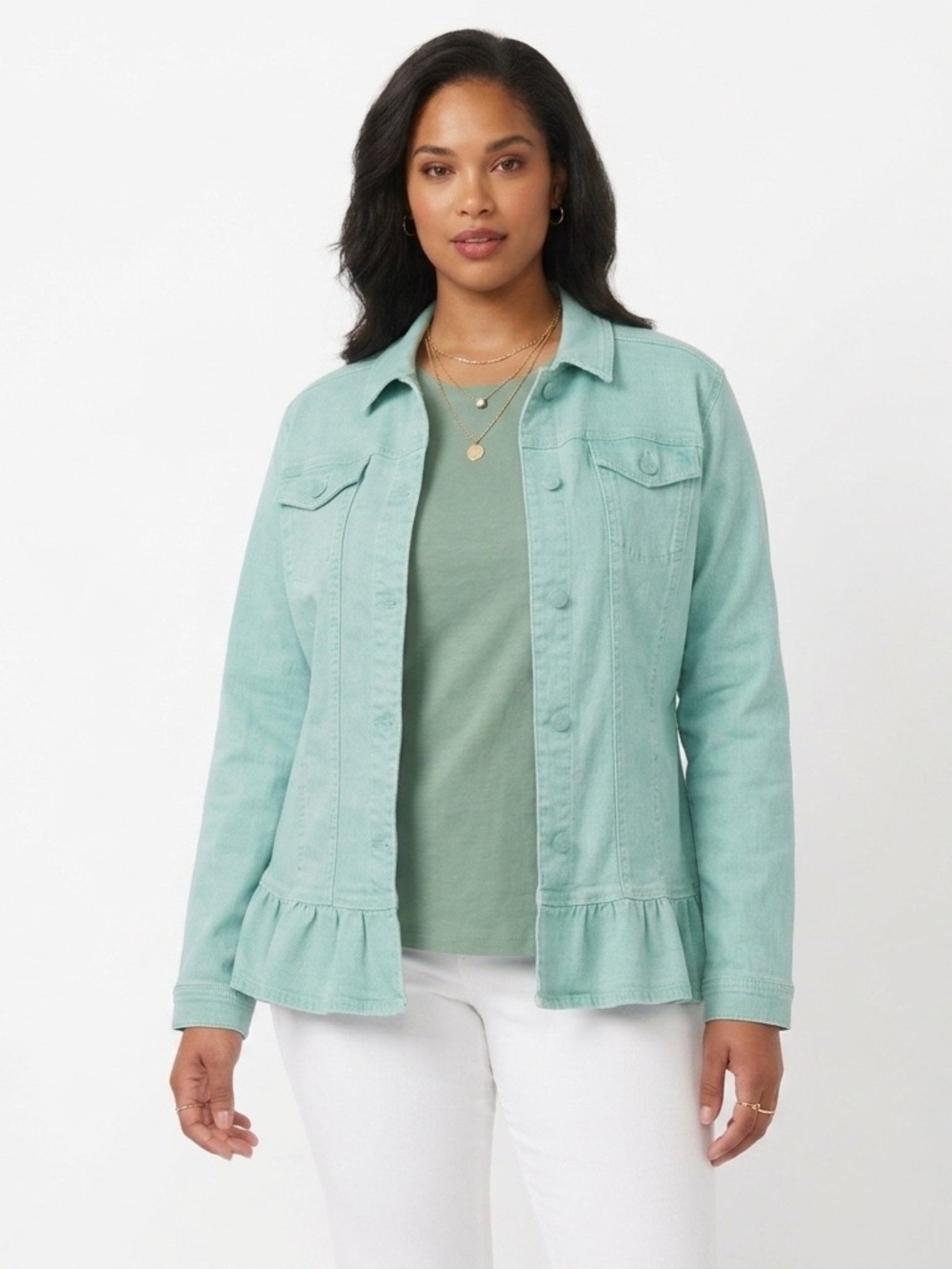 DG2 by Diane Gilman Mint Green Ruffle-Hem Jean Jacket